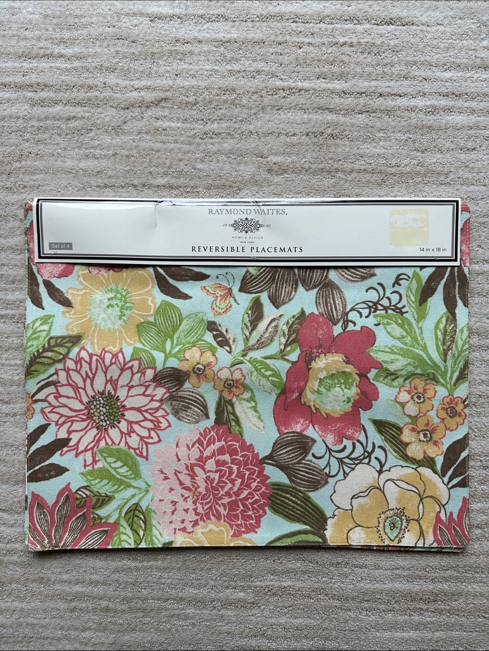 NWT Raymond Waites Reversible Floral Fabric Placemats set/4 Multicolor Cotton